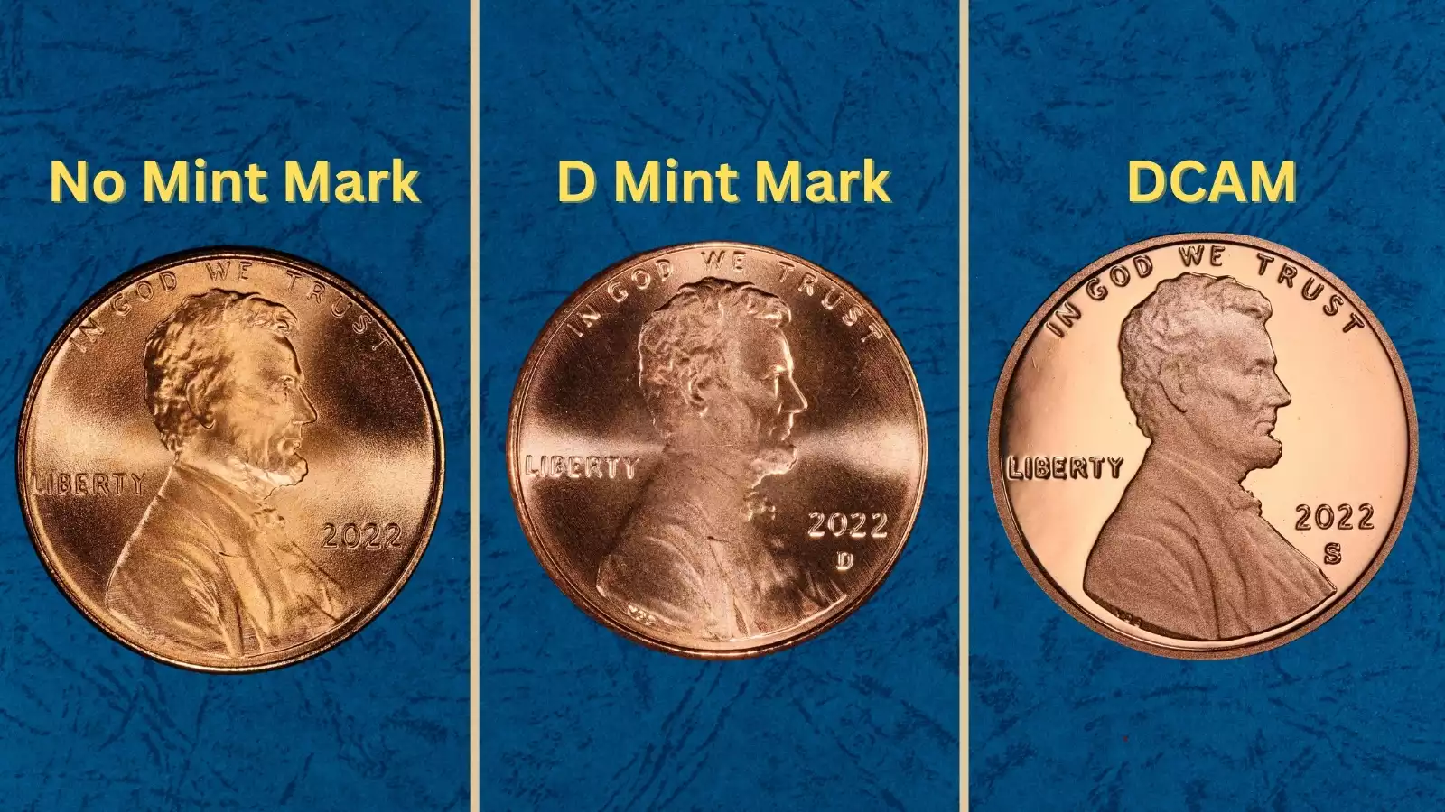 2022 penny grading strip showing four coins from worn to gem uncirculated condition across four tiers