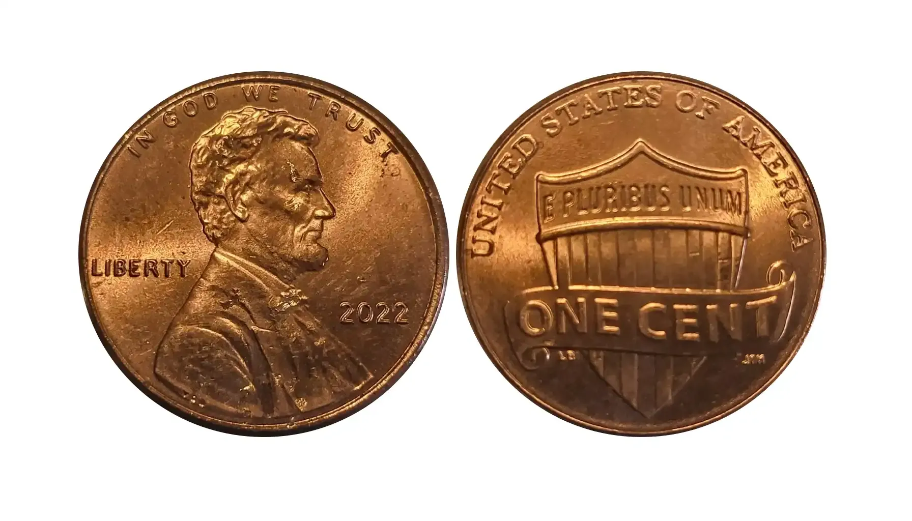 2022 penny doubled die comparison: normal coin vs doubled die showing doubling on LIBERTY and IN GOD WE TRUST