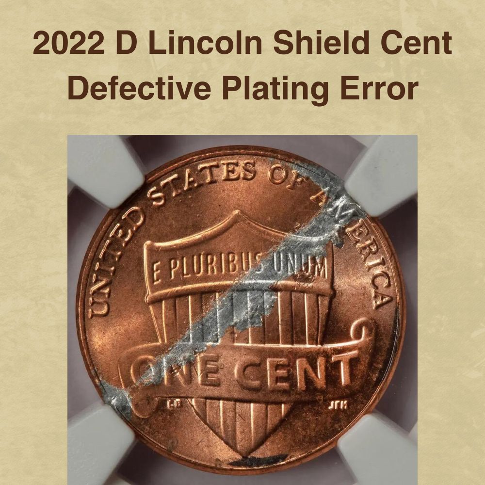 2022-D penny defective plating error showing exposed zinc core beneath missing copper plating on reverse